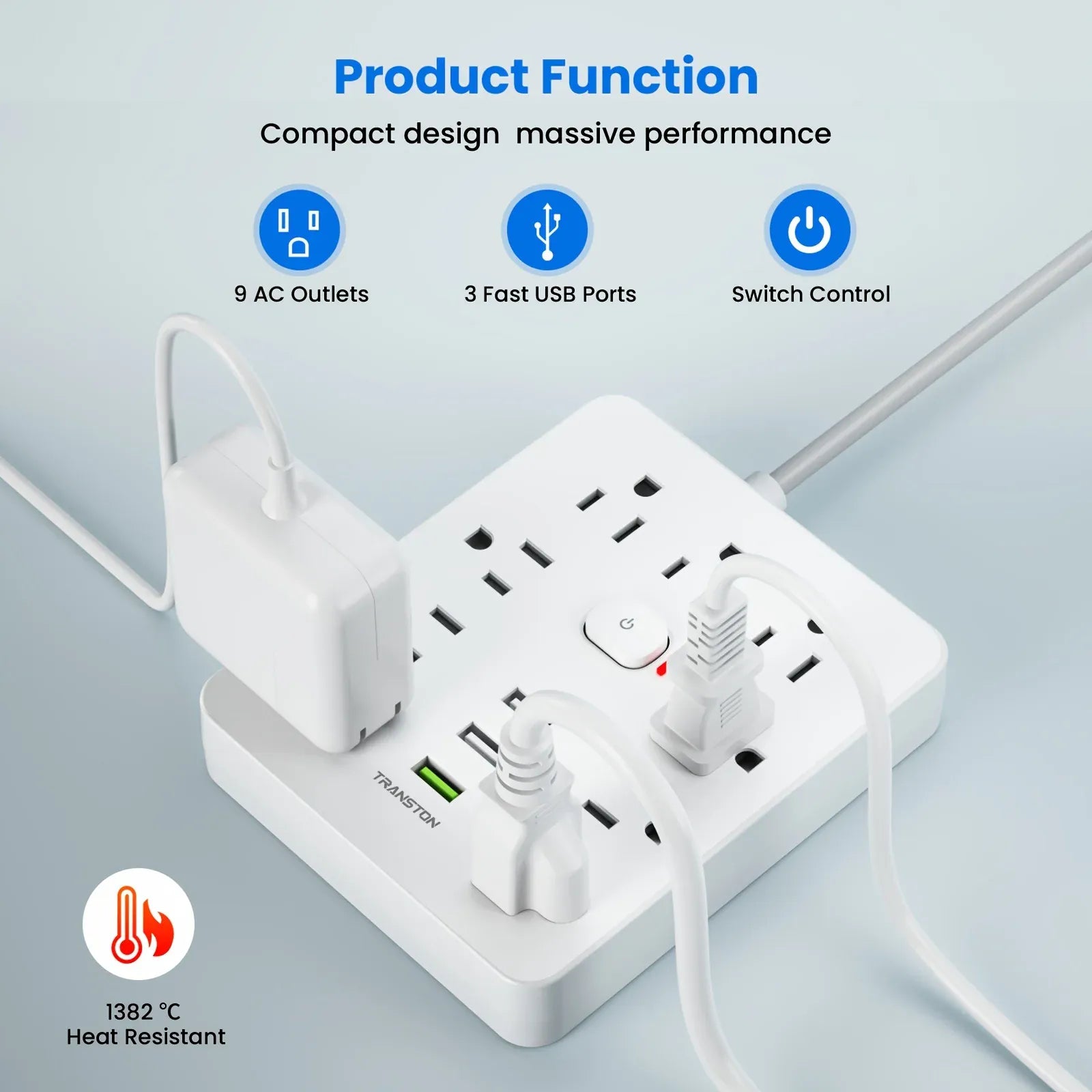 Essentialshouses WHITE / 9 / US|110-240V|United States Power Outlet with Surge Protector, 9 sockets 3 USB Ports,5ft Extension Cord, Quick Charge, For Home and Office,White