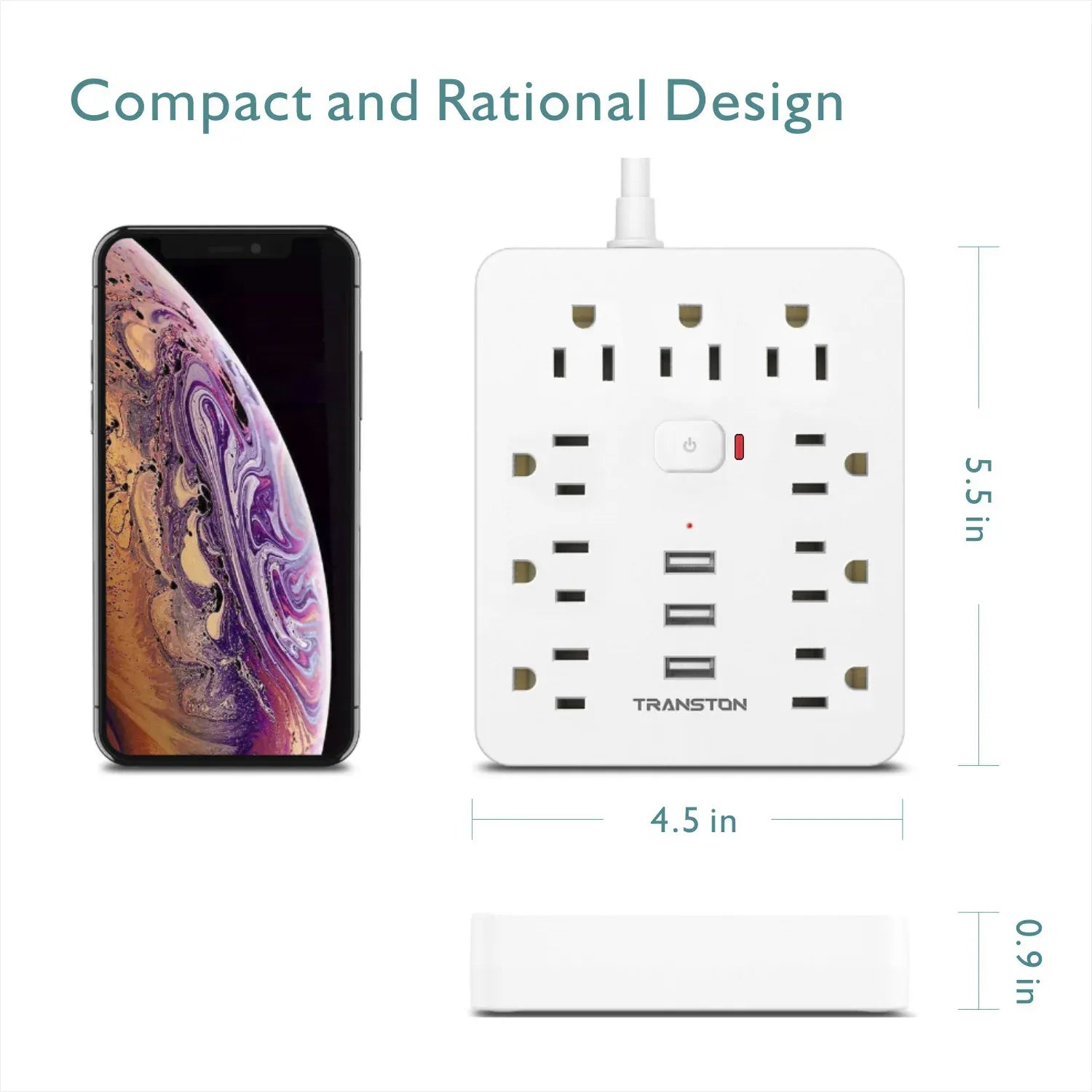 Essentialshouses WHITE / 9 / US|110-240V|United States Power Outlet with Surge Protector, 9 sockets 3 USB Ports,5ft Extension Cord, Quick Charge, For Home and Office,White