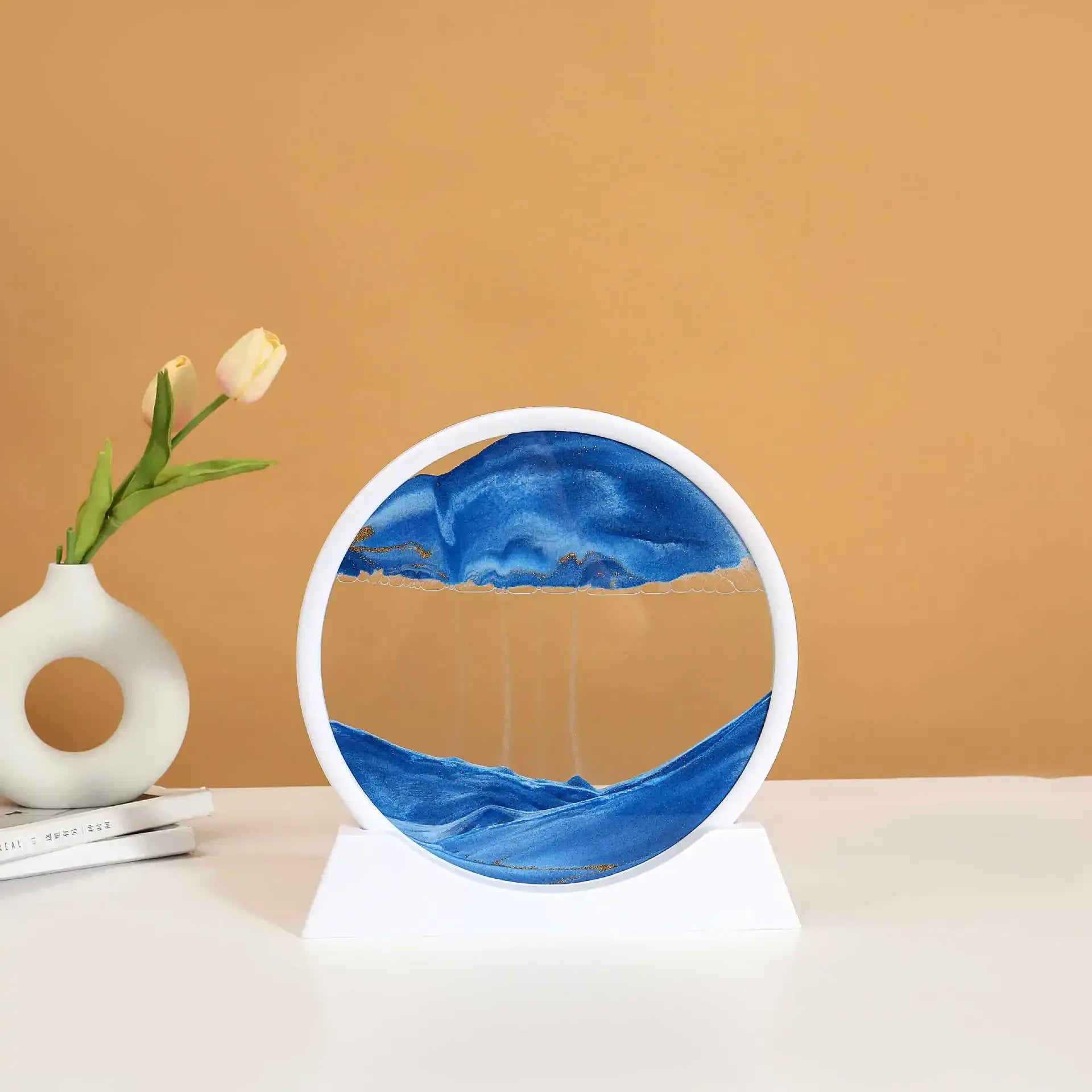 Essentialshouses White Base-Blue / 5 inch 3D Sandscape Moving Sand Art Picture Round Glass Deep Sea Hourglass Quicksand Craft Flowing Sand Painting Office Home Decor Gift
