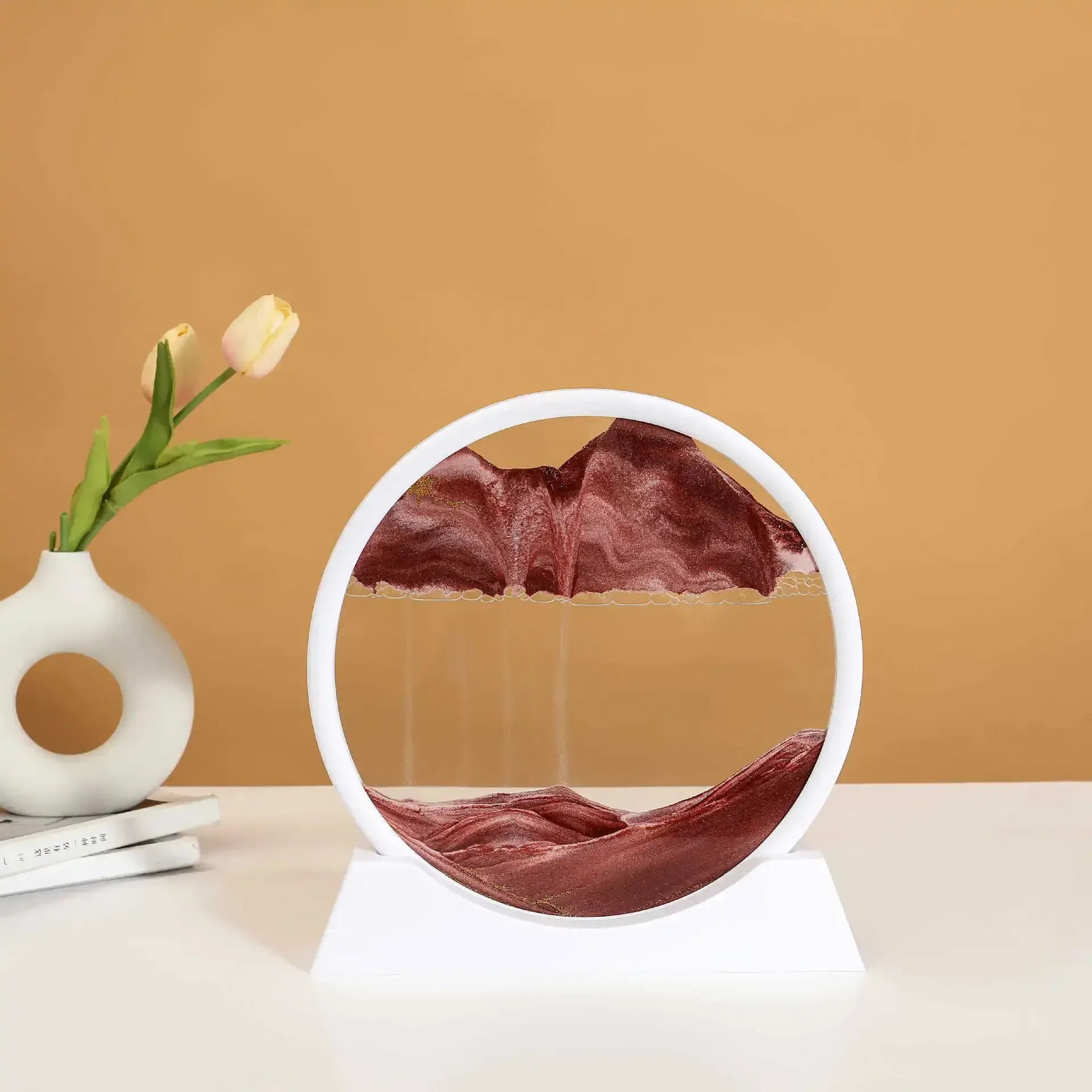 Essentialshouses White Base-Brown / 5 inch 3D Sandscape Moving Sand Art Picture Round Glass Deep Sea Hourglass Quicksand Craft Flowing Sand Painting Office Home Decor Gift