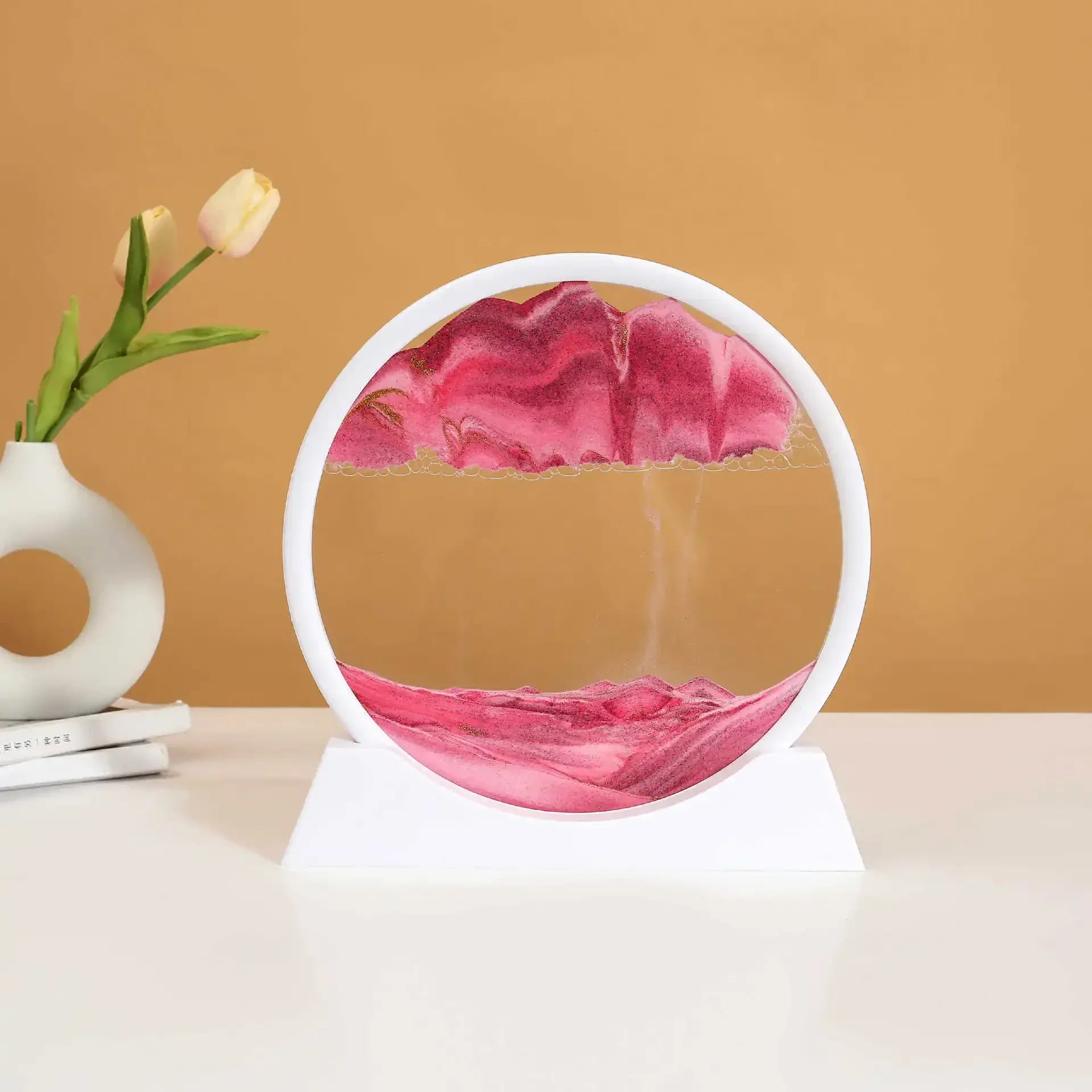 Essentialshouses White Base-Pink / 5 inch 3D Sandscape Moving Sand Art Picture Round Glass Deep Sea Hourglass Quicksand Craft Flowing Sand Painting Office Home Decor Gift