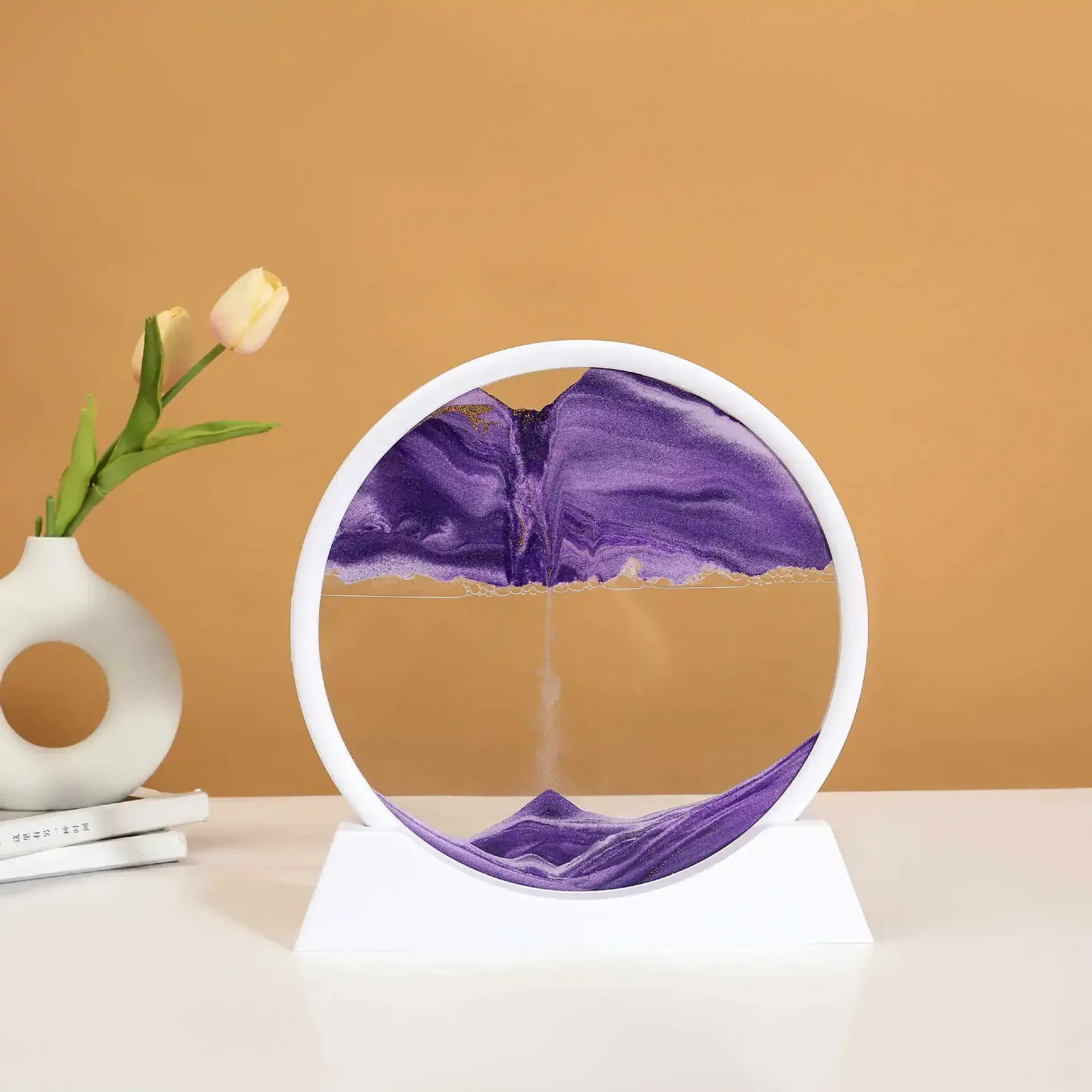 Essentialshouses White Base-Purple / 5 inch 3D Sandscape Moving Sand Art Picture Round Glass Deep Sea Hourglass Quicksand Craft Flowing Sand Painting Office Home Decor Gift