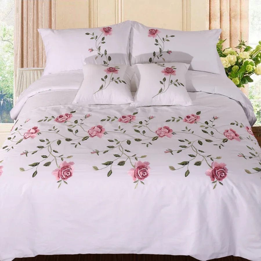 Essentialshouses WHITE / Queen-6pcs / Flat Bed Sheet linen Flowers Embroidery Duvet Cover