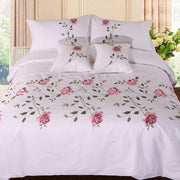 Essentialshouses WHITE / Queen-6pcs / Flat Bed Sheet linen Flowers Embroidery Duvet Cover