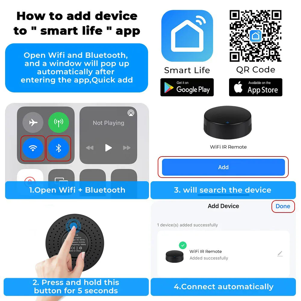 Essentialshouses WIFI Remote Control with Tuya APP Intelligent WIFI Universal Remote Control Support APP Controlling TV /Air Conditioner/Fan