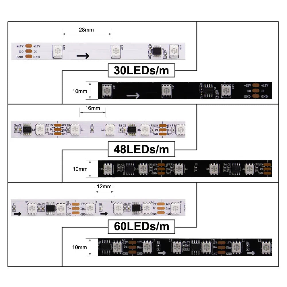 Essentialshouses WS2812B WS2815 WS2813 Individually Addressable RGBIC LED Strip WS2811 WS2812 30/60/144Pixels/Leds/m Smart Tape Light DC5V/12V