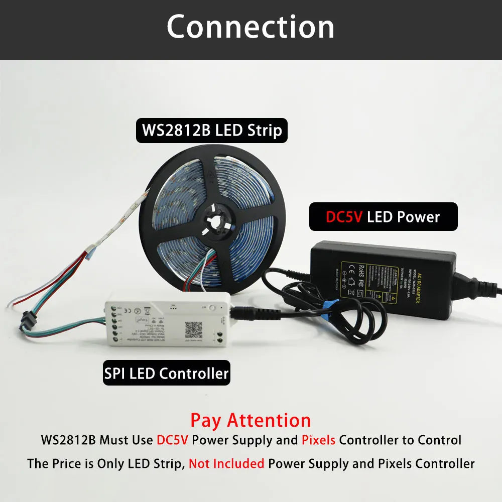 Essentialshouses WS2812B WS2815 WS2813 Individually Addressable RGBIC LED Strip WS2811 WS2812 30/60/144Pixels/Leds/m Smart Tape Light DC5V/12V