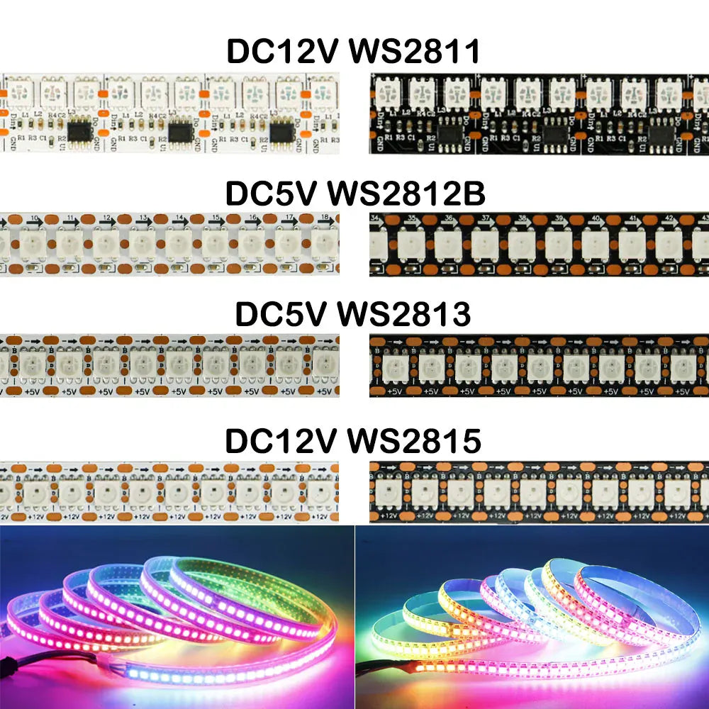 Essentialshouses WS2812B WS2815 WS2813 Individually Addressable RGBIC LED Strip WS2811 WS2812 30/60/144Pixels/Leds/m Smart Tape Light DC5V/12V