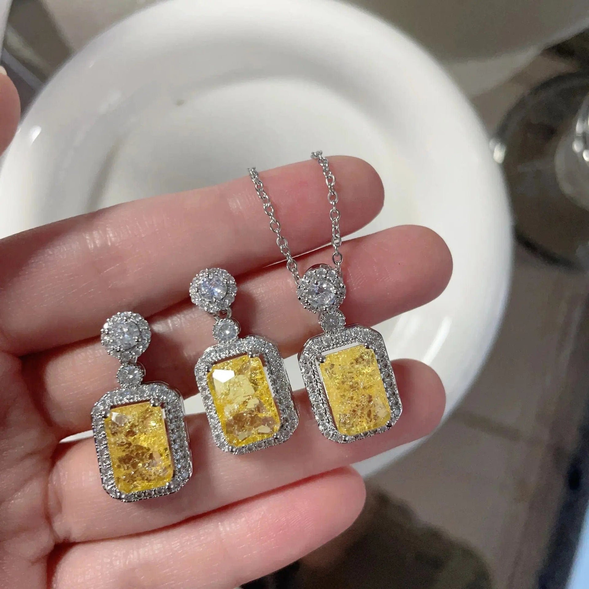 Essentialshouses yellow silver Emerald 18k Gold Plated Jewelry Sets