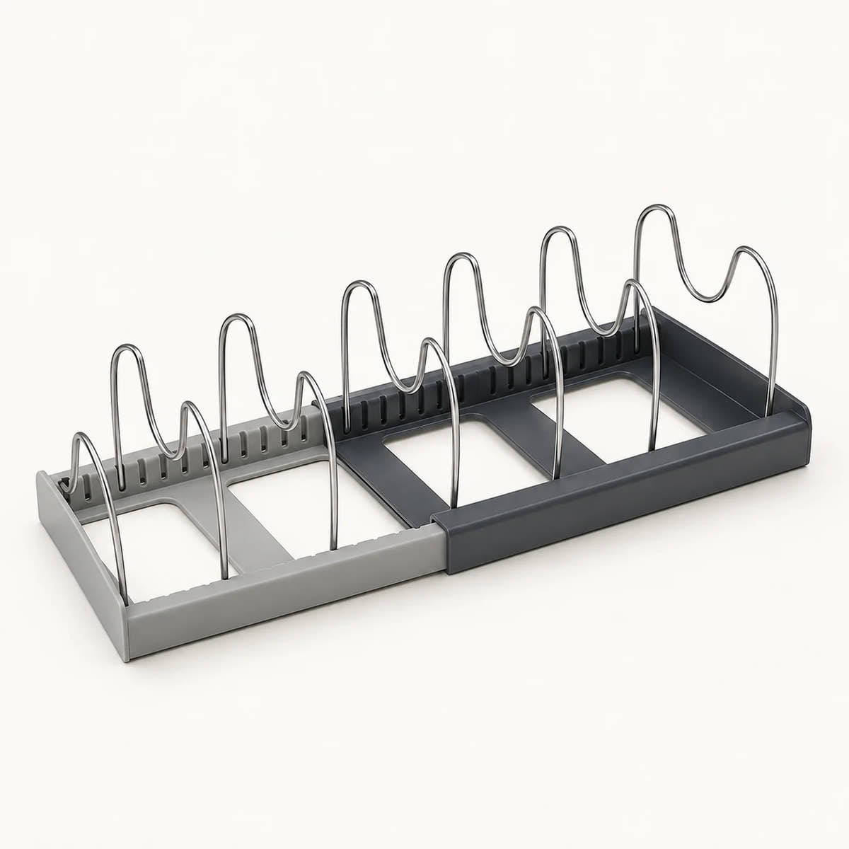 Expandable Pot and Pan Organizer on a warm off-white background with a soft natural shadow.