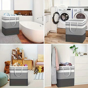 Gray laundry hamper used in bathroom, laundry room, and bedroom