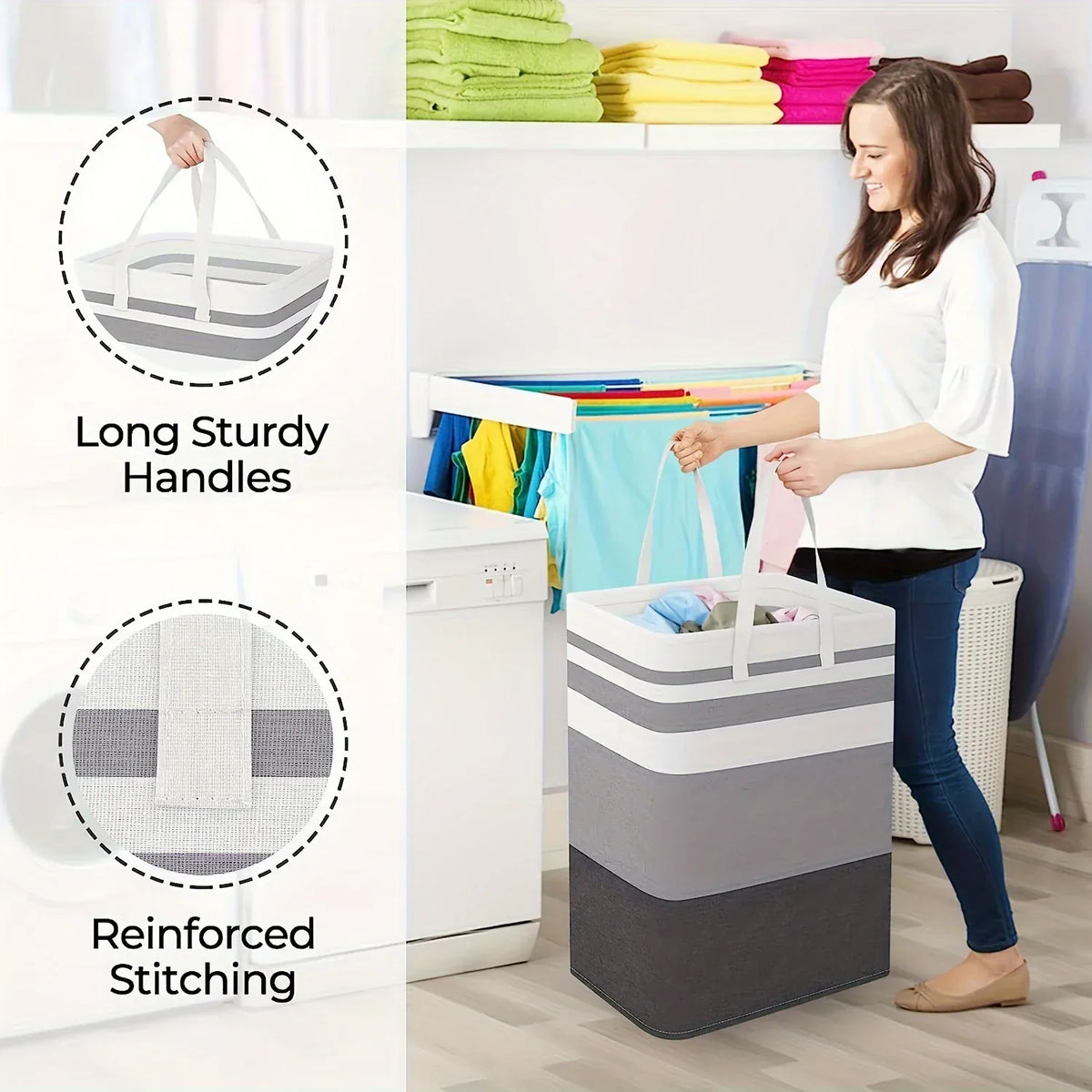Woman carrying the gray hamper by its reinforced handles
