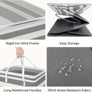 Foldable hamper frame, handles, and water-resistant fabric details