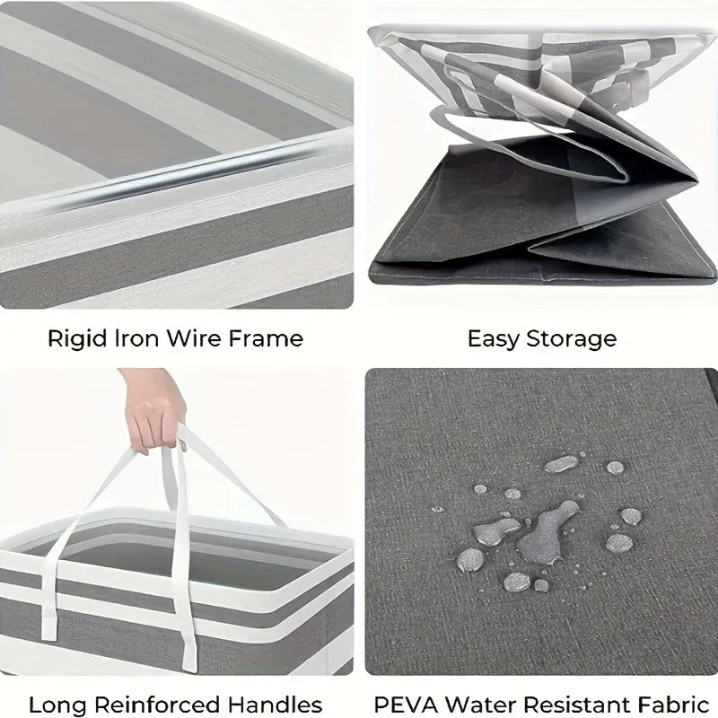 Foldable hamper frame, handles, and water-resistant fabric details