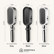Three shower head handshakes shown side by side in grey, black, and silver, each labeled with dimensions (7 cm width, 27 cm height) and interface type (1/2" universal interface). The Essentials House logo appears at the bottom.