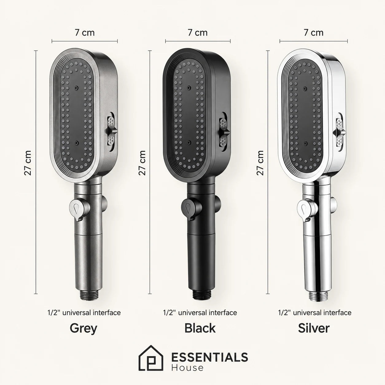 Three shower head handshakes shown side by side in grey, black, and silver, each labeled with dimensions (7 cm width, 27 cm height) and interface type (1/2" universal interface). The Essentials House logo appears at the bottom.