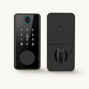 Black smart deadbolt showing the exterior fingerprint keypad and interior thumb-turn assembly on an off-white background.
