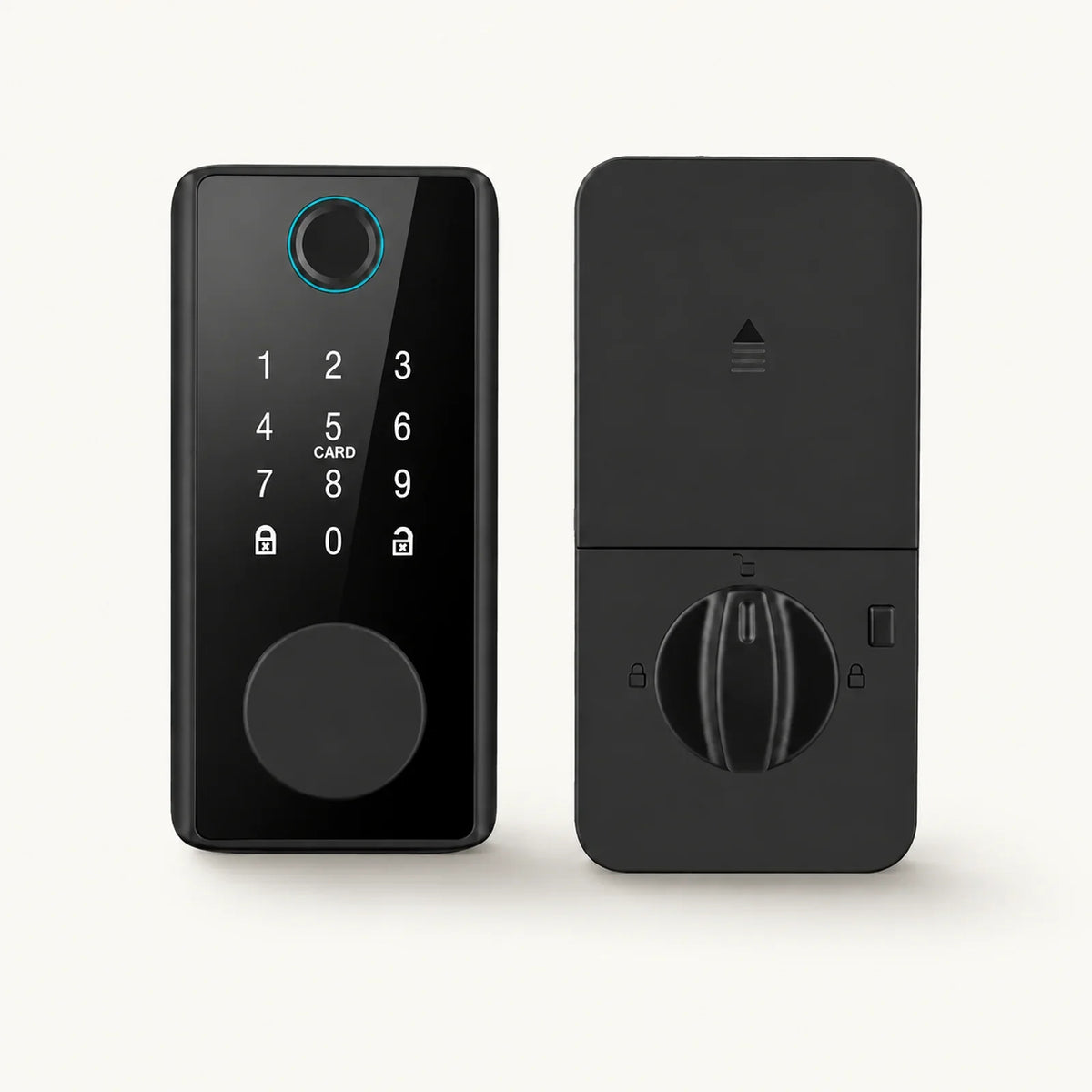 Black smart deadbolt showing the exterior fingerprint keypad and interior thumb-turn assembly on an off-white background.