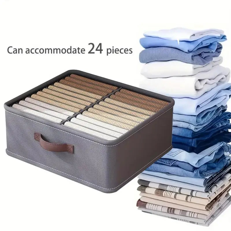 Twenty-four-compartment drawer organizer holding folded clothes
