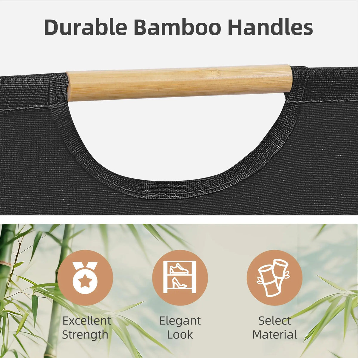 Bamboo handle and fabric details of the foldable laundry basket