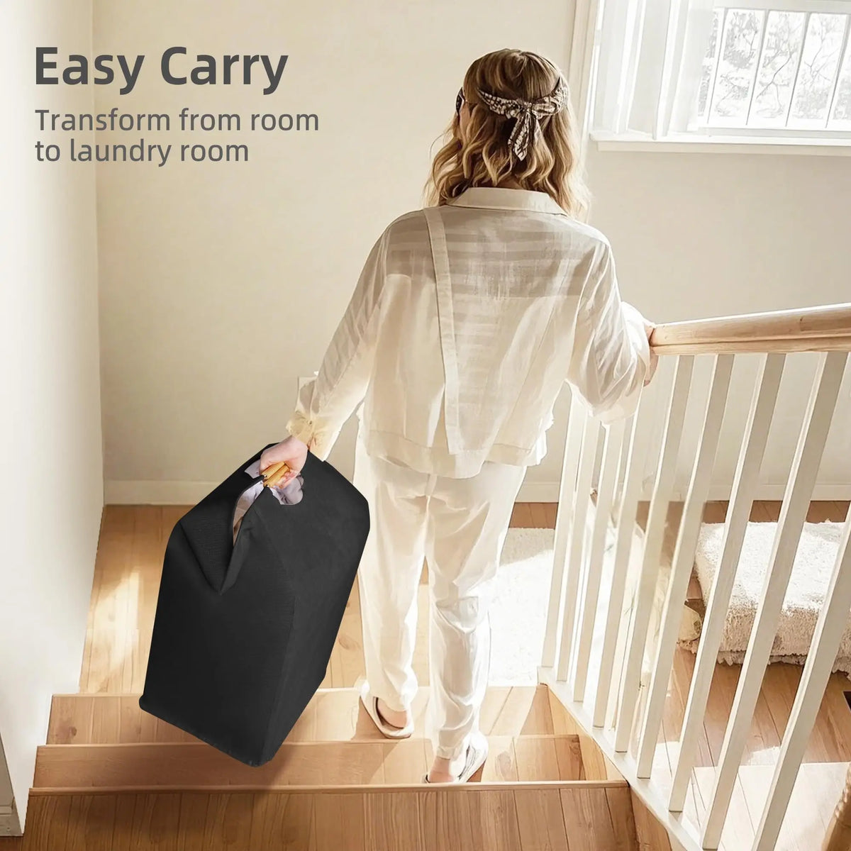 Alternate view of foldable fabric laundry basket with carry handles