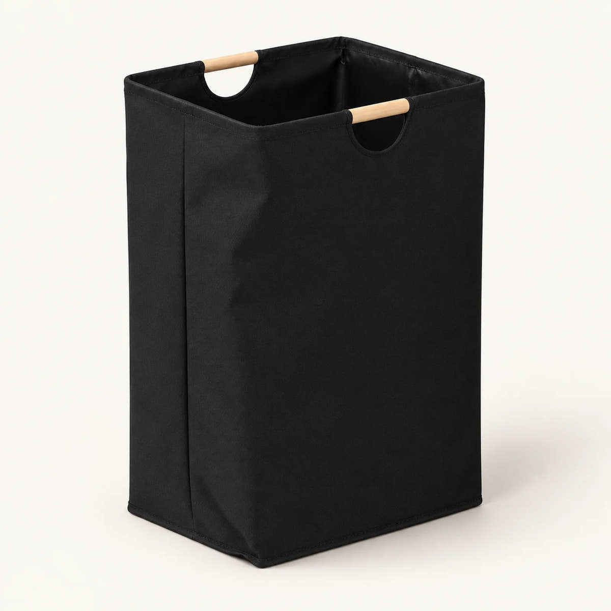 Black fabric laundry basket with wooden grips