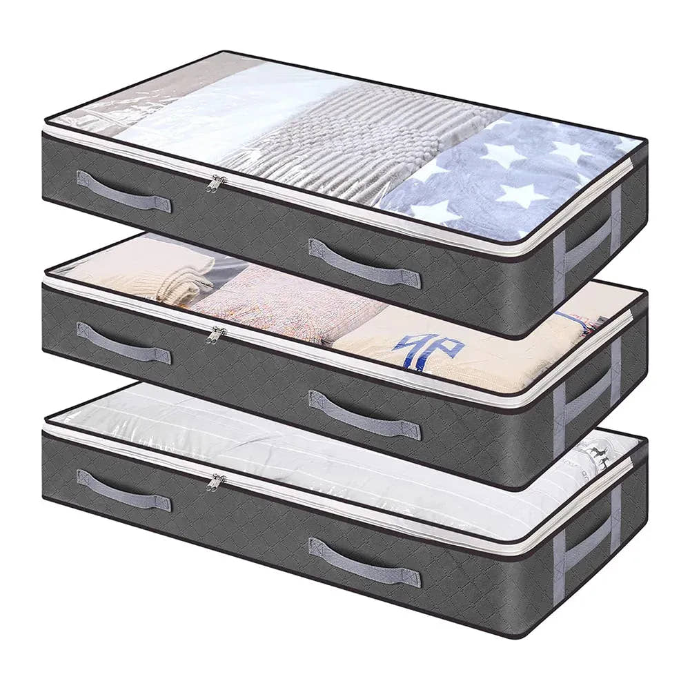 Three foldable under-bed storage bags with clear windows