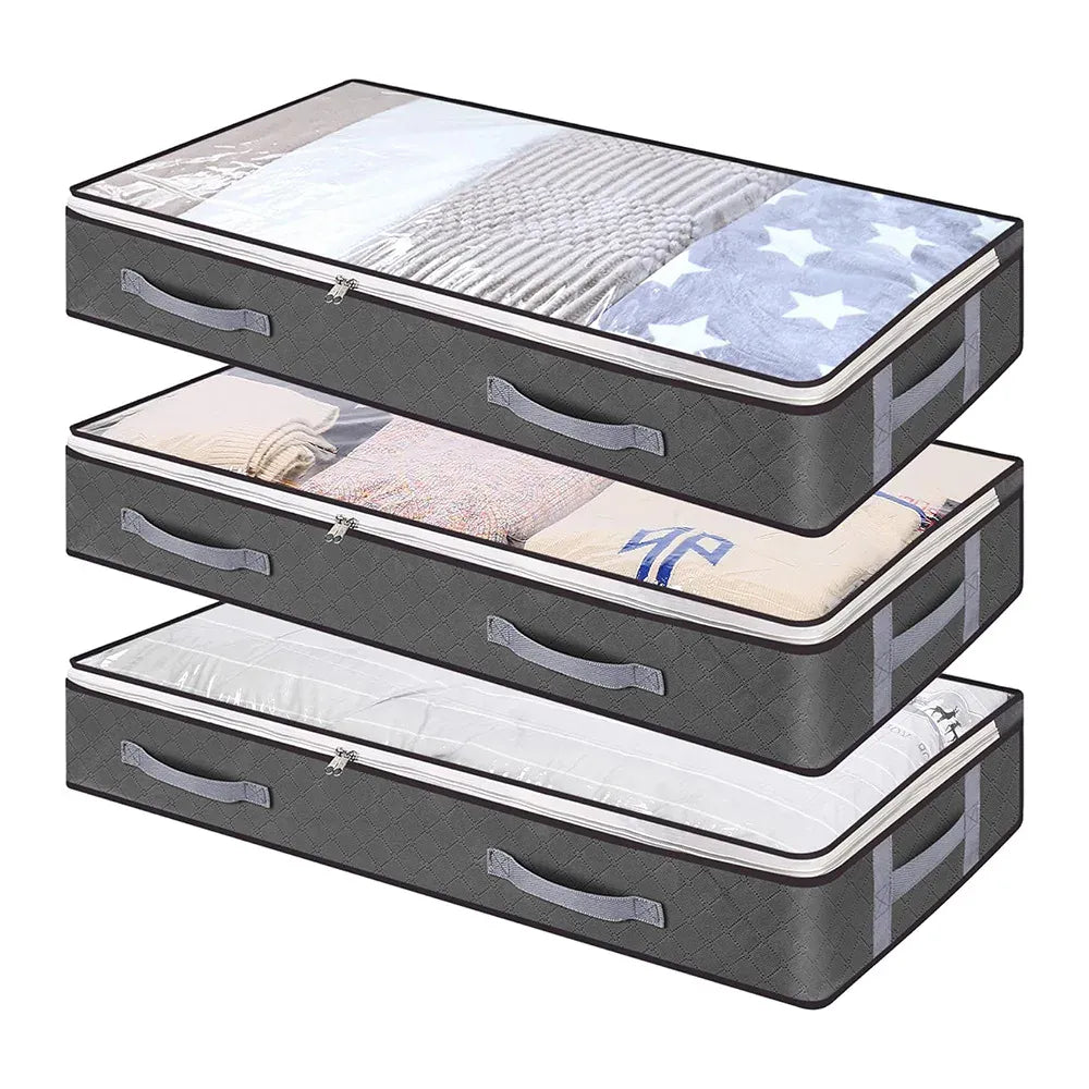 Three foldable under-bed storage bags with clear windows