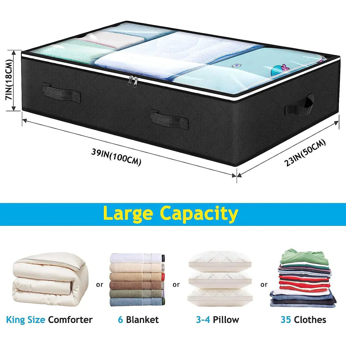 Large under-bed bag capacity for bedding, pillows, and clothes