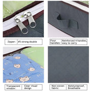 Zipper, reinforced handle, clear window, and fabric details