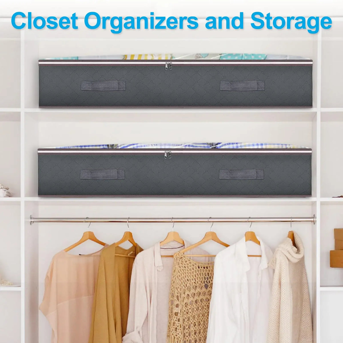 Under-bed storage bags organized on closet shelves