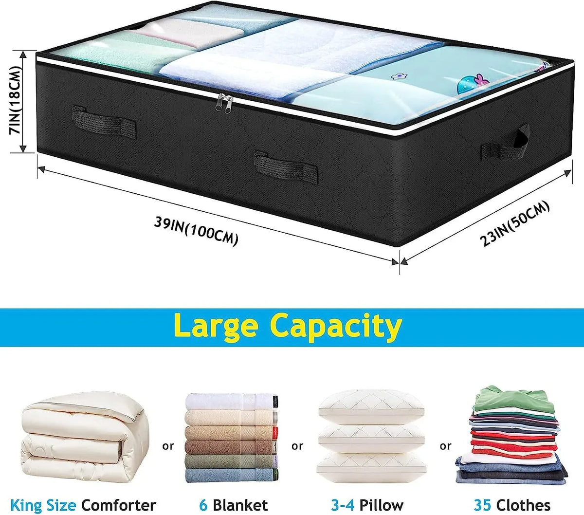 Foldable under-bed storage bag with clear viewing window
