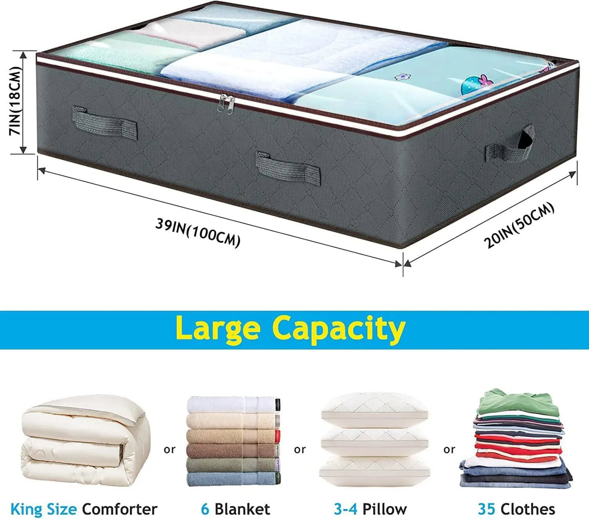 Foldable under-bed storage bag with clear viewing window