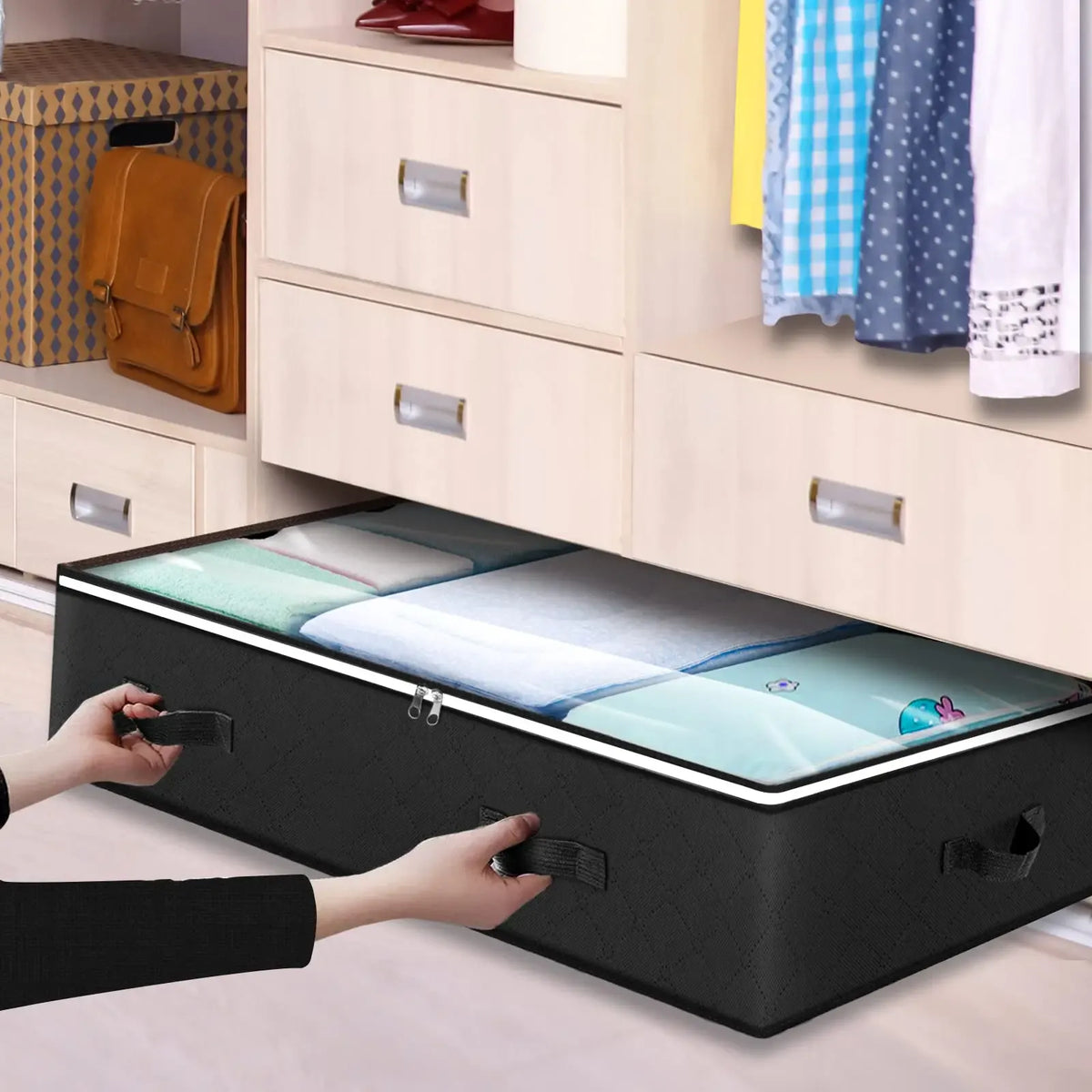 large black under-bed storage bag with clear window