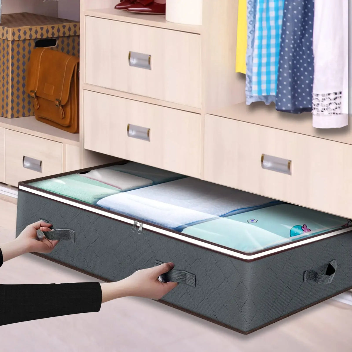 large gray under-bed storage bag with clear window