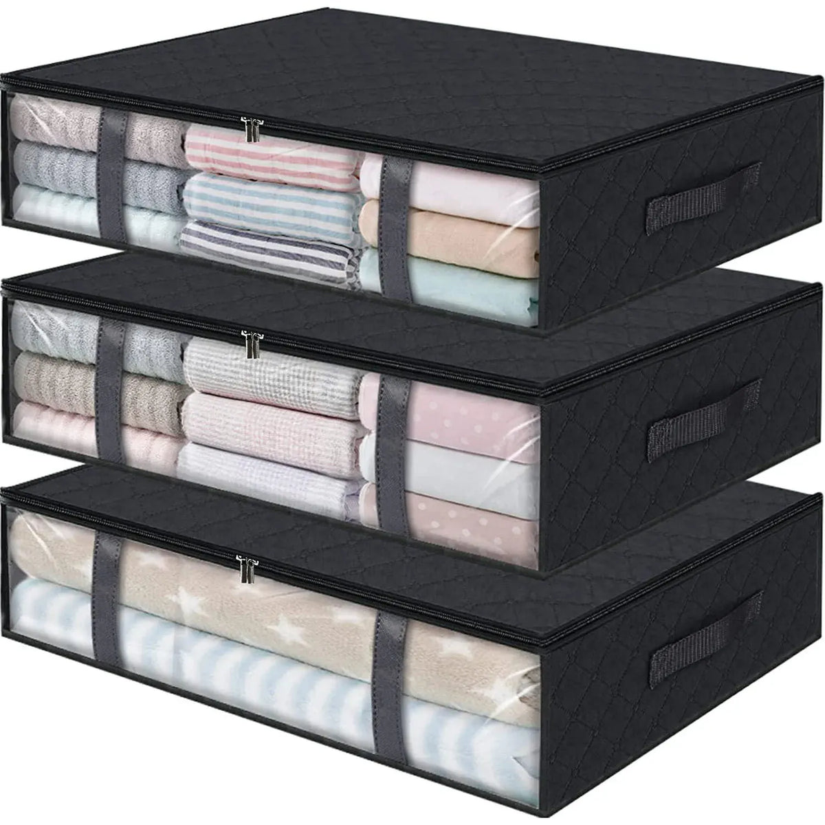 3-pack medium black under-bed storage bags with clear windows