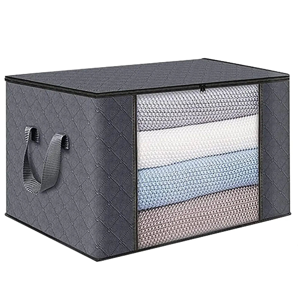 small gray under-bed storage bag with clear window