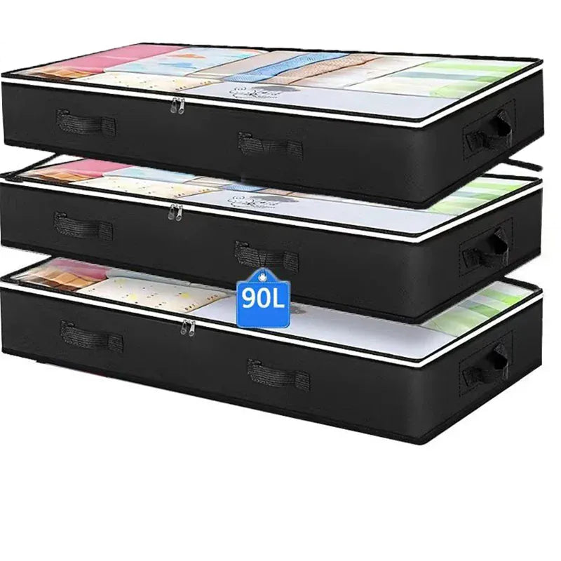 3-pack large black under-bed storage bags with clear windows