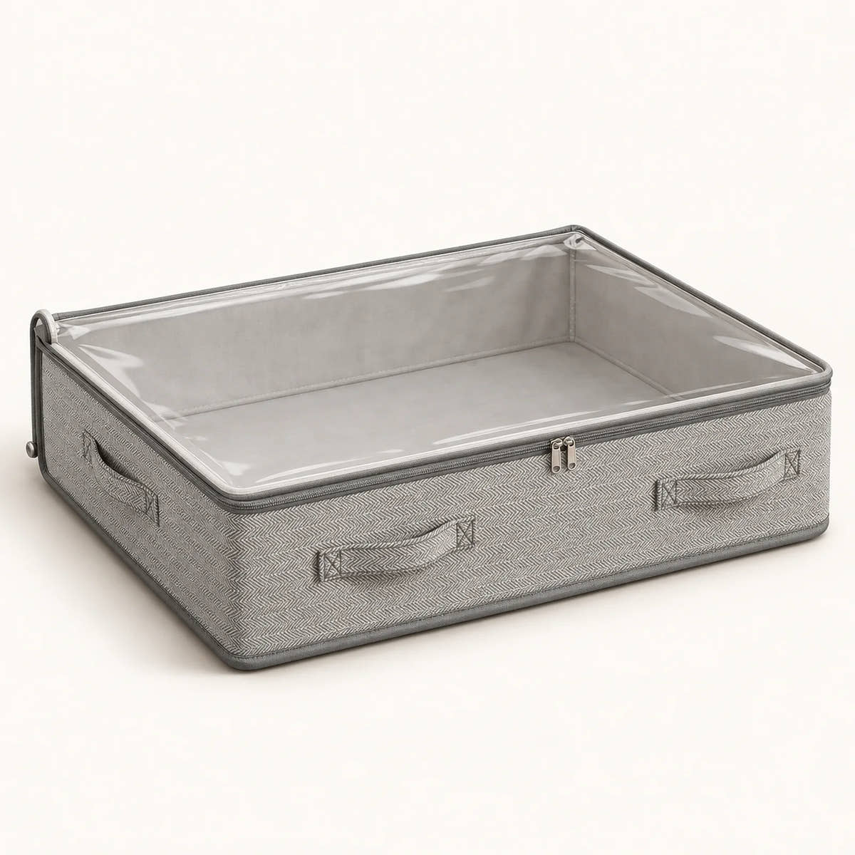 Grey herringbone under-bed storage bin with clear lid