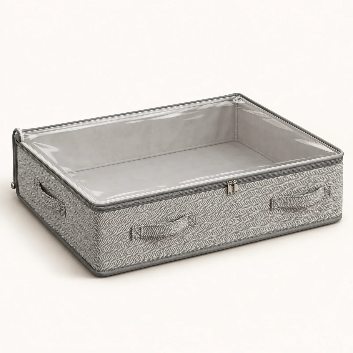 Grey herringbone under-bed storage bin with clear lid