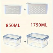 Food storage container set showing 850 ml and 1750 ml containers with removable baskets