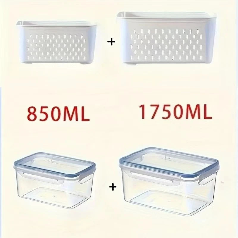 Food storage container set showing 850 ml and 1750 ml containers with removable baskets