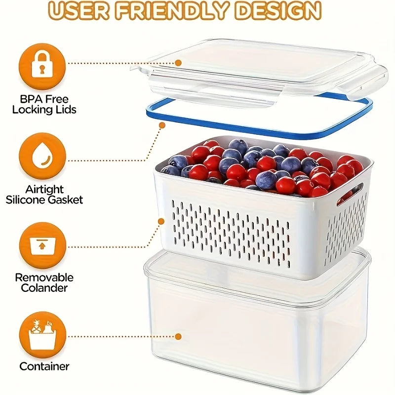 Food storage container design with locking lid, airtight silicone gasket and removable colander basket