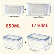 Food storage container size guide showing 850 ml and 1750 ml container and basket dimensions