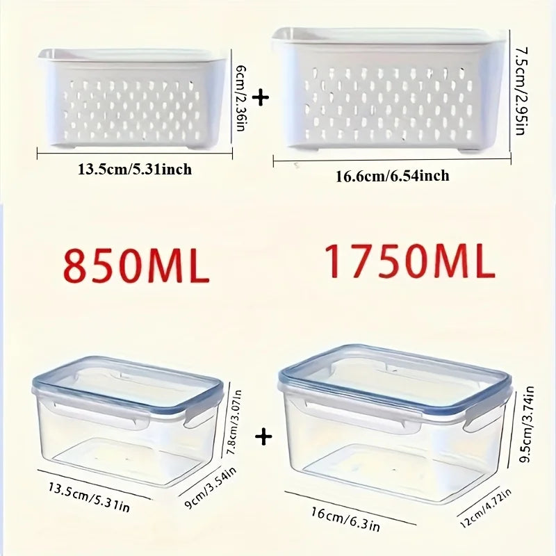 Food storage container size guide showing 850 ml and 1750 ml container and basket dimensions