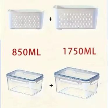 Blue 4-piece airtight food storage container set with removable drain baskets
