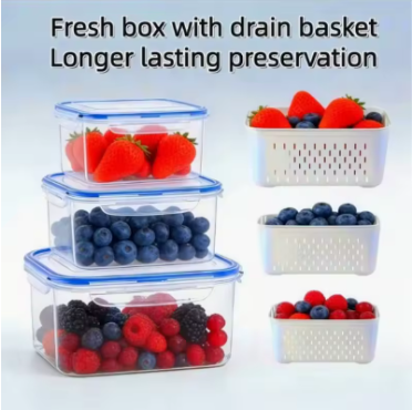 Blue 6-piece airtight food storage container set with removable drain baskets