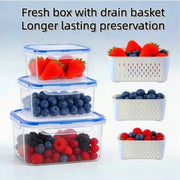 Airtight food storage containers with removable drain baskets holding berries in blue trim