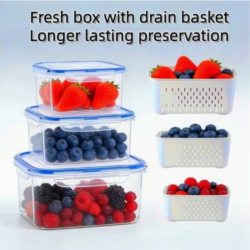 Airtight food storage containers with removable drain baskets holding berries in blue trim