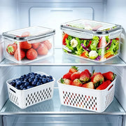 Airtight food storage containers and removable drain baskets storing berries and salad in a refrigerator